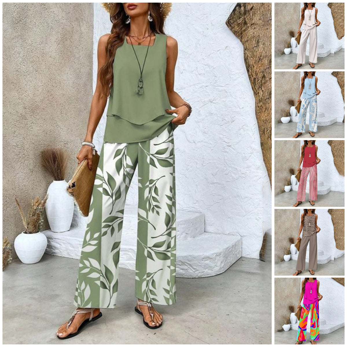đș Womenâs Trendy Print 2-Piece Outfit â Sleeveless Top & Pants Combo!"