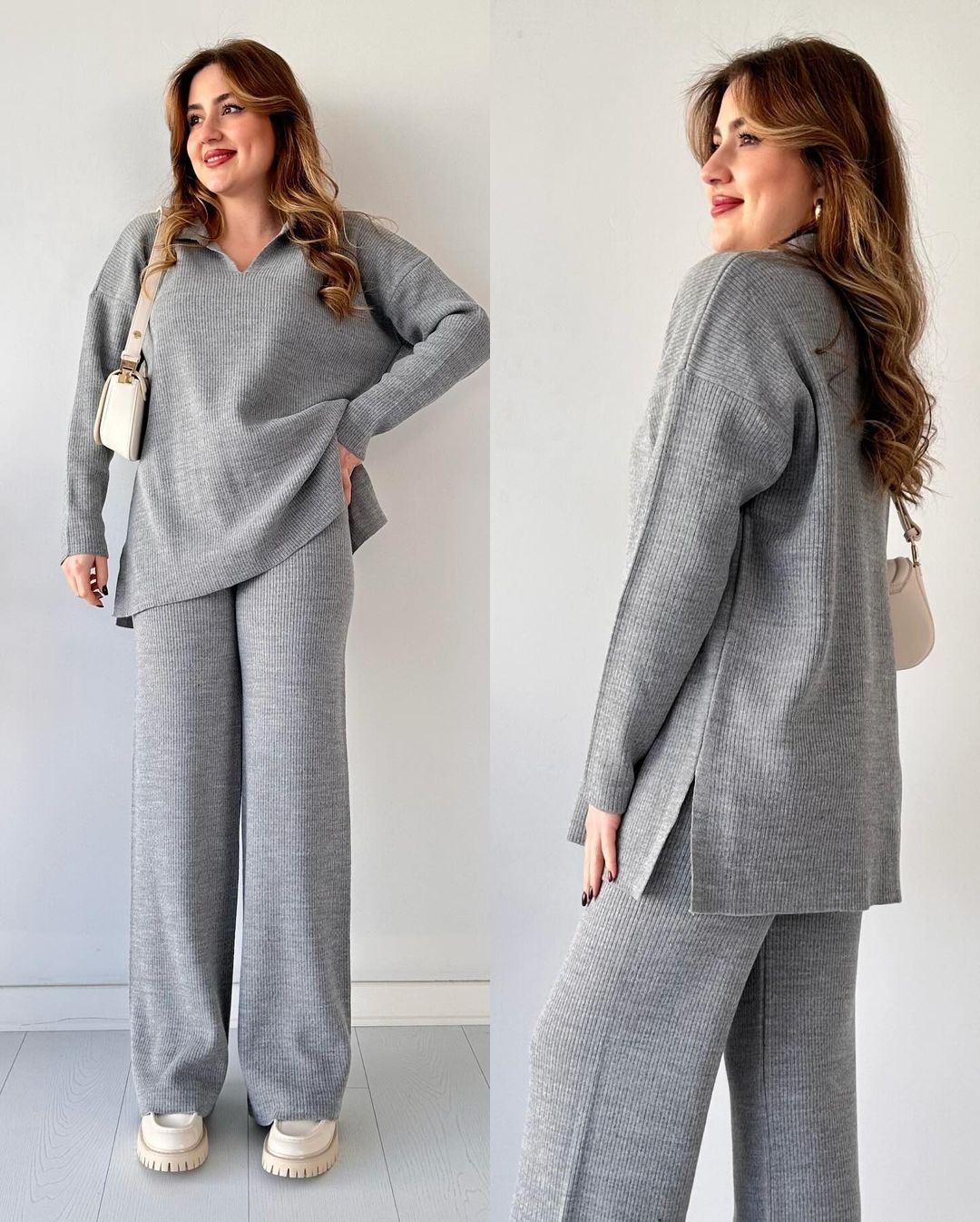 V-Neck Casual Slit Knitted Two-Piece Set
