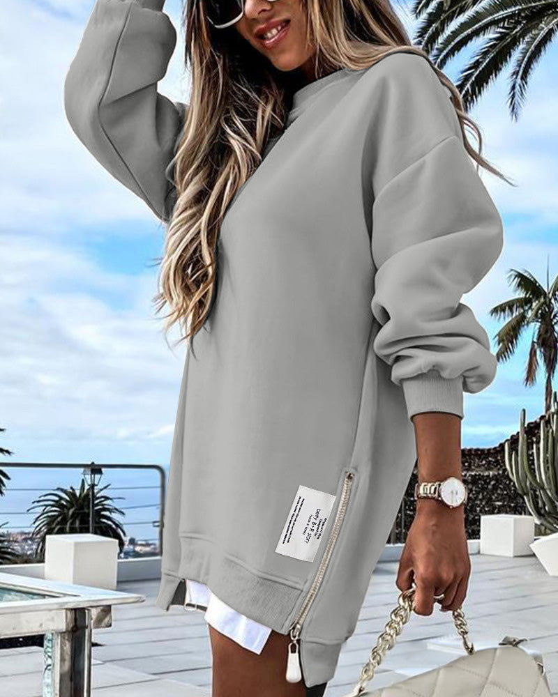 🔥2025 HOT SALE🔥 Long Sleeve Pullover Zipper Slit Casual Sweatshirt Dress