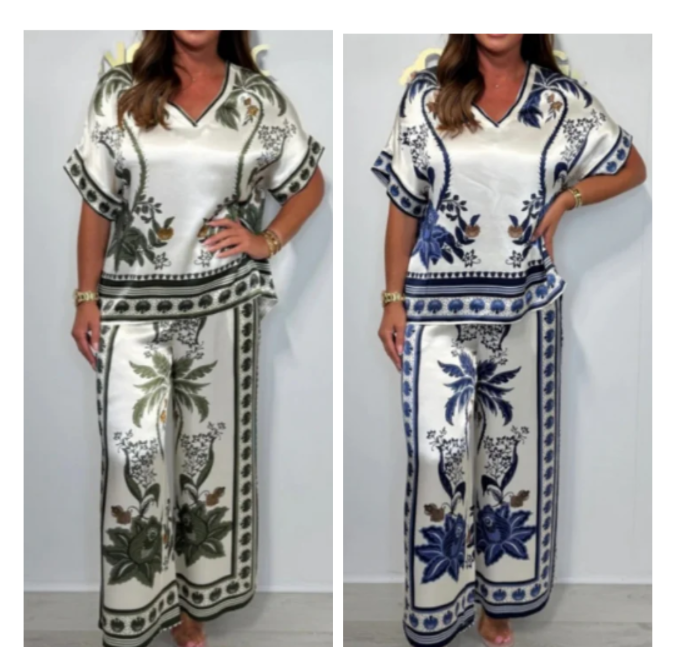 Women's Casual V-Neck Short Sleeve Top Wide Leg Pants Set