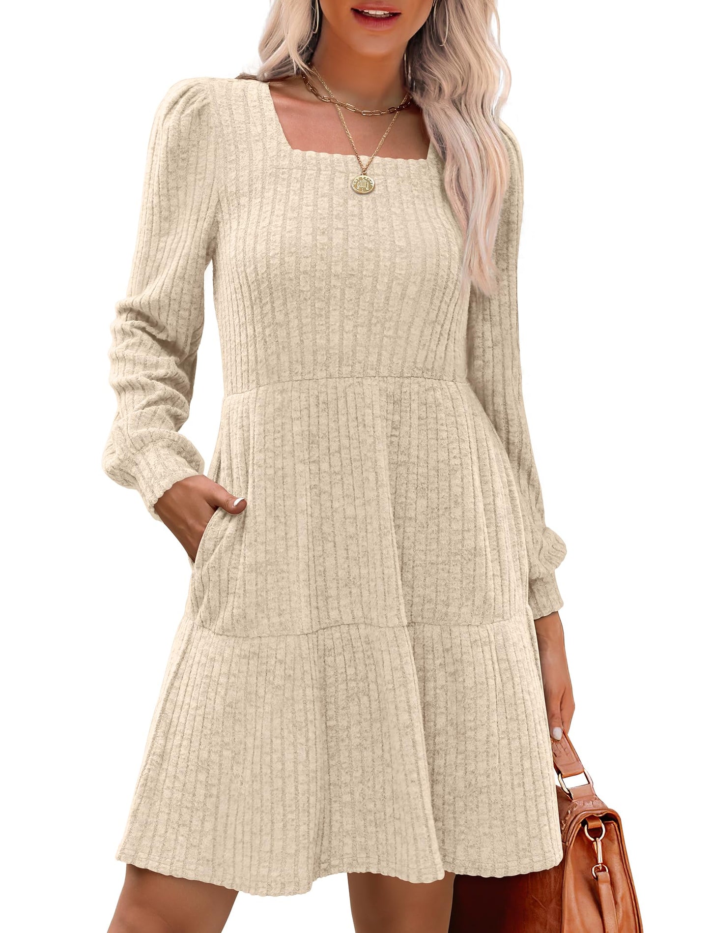 ๐ Women's Square Neck Lantern Sleeve Ribbed Dress|Glow in Autumnal Elegance!๐