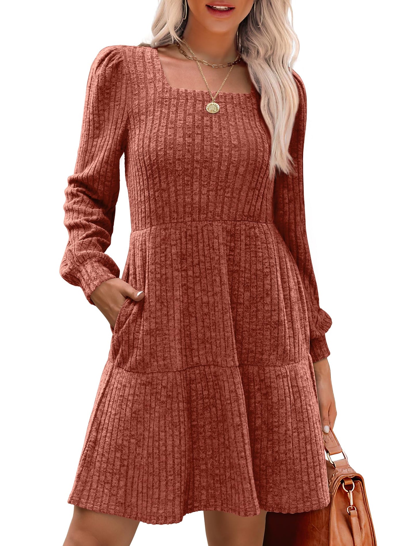 ๐ Women's Square Neck Lantern Sleeve Ribbed Dress|Glow in Autumnal Elegance!๐