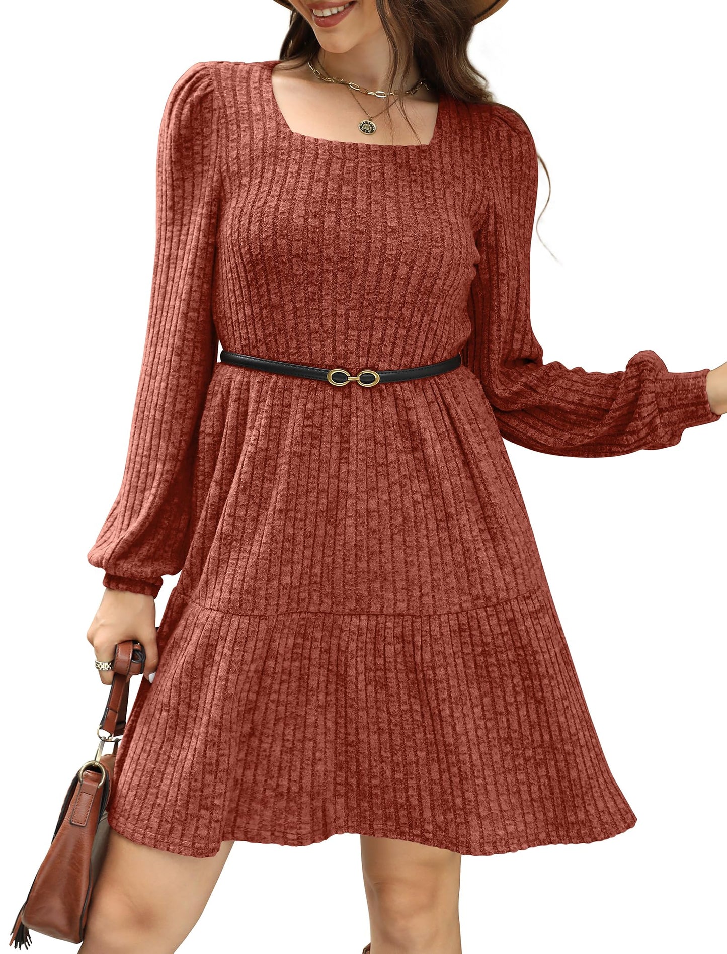 ๐ Women's Square Neck Lantern Sleeve Ribbed Dress|Glow in Autumnal Elegance!๐