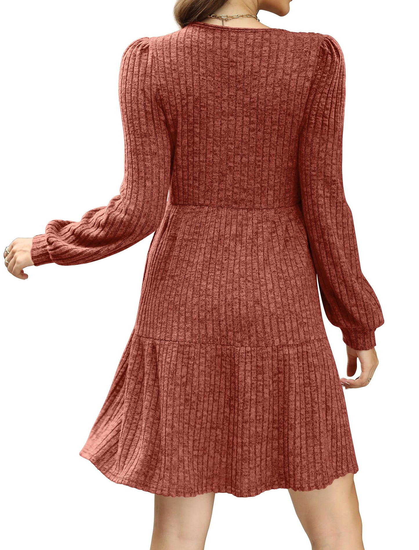 ๐ Women's Square Neck Lantern Sleeve Ribbed Dress|Glow in Autumnal Elegance!๐