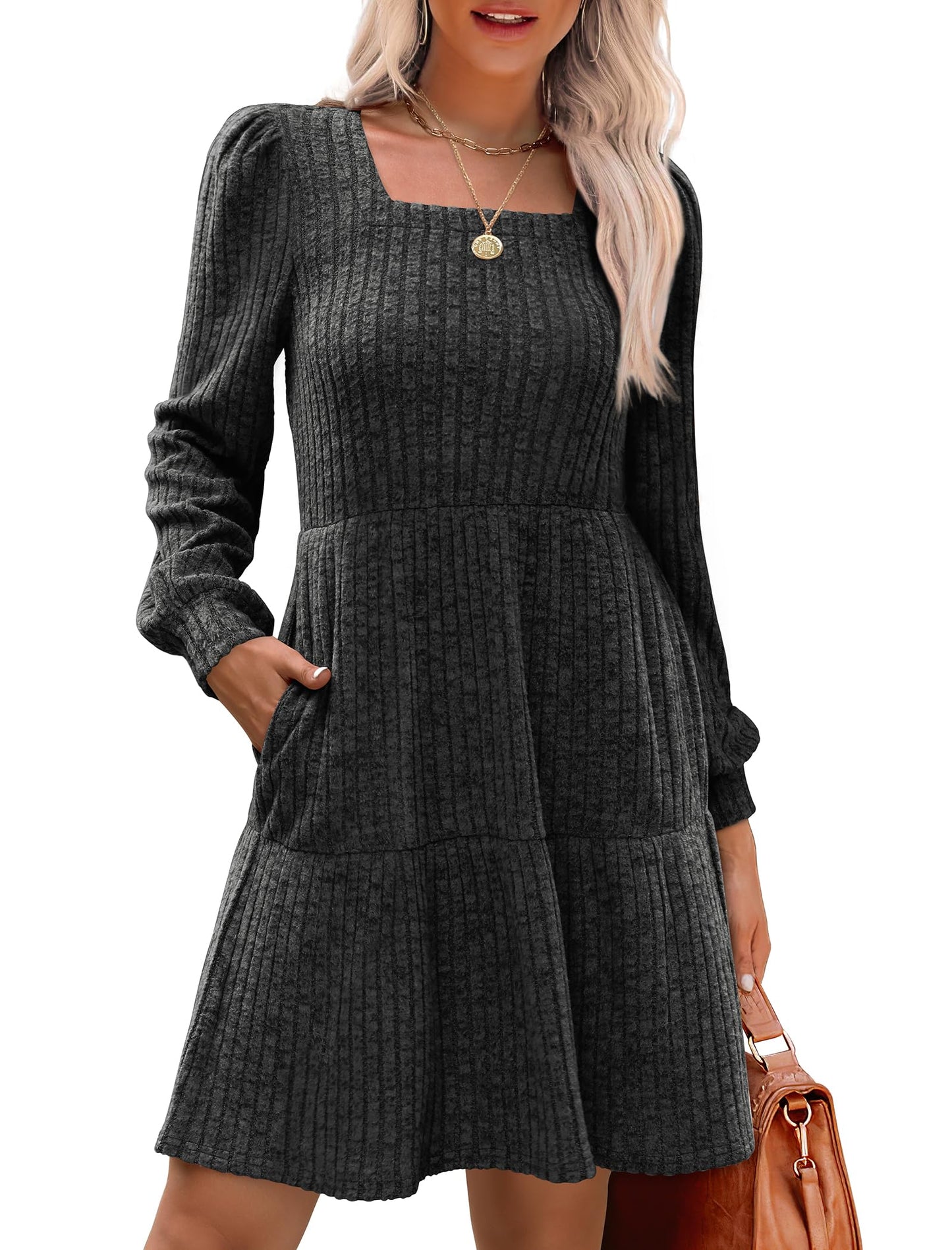 ๐ Women's Square Neck Lantern Sleeve Ribbed Dress|Glow in Autumnal Elegance!๐