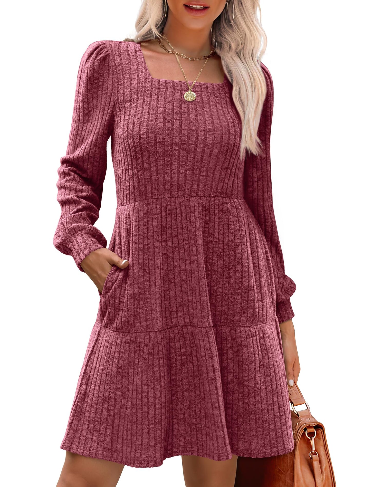 ๐ Women's Square Neck Lantern Sleeve Ribbed Dress|Glow in Autumnal Elegance!๐