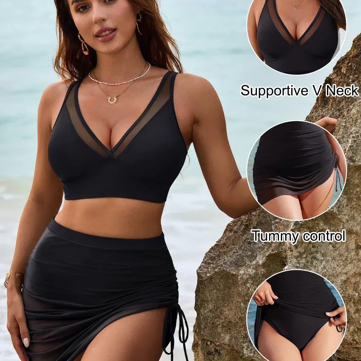 🏝️💖👙Slimming Mesh Sheer Sarong Wraps Tummy Control Swimsuit
