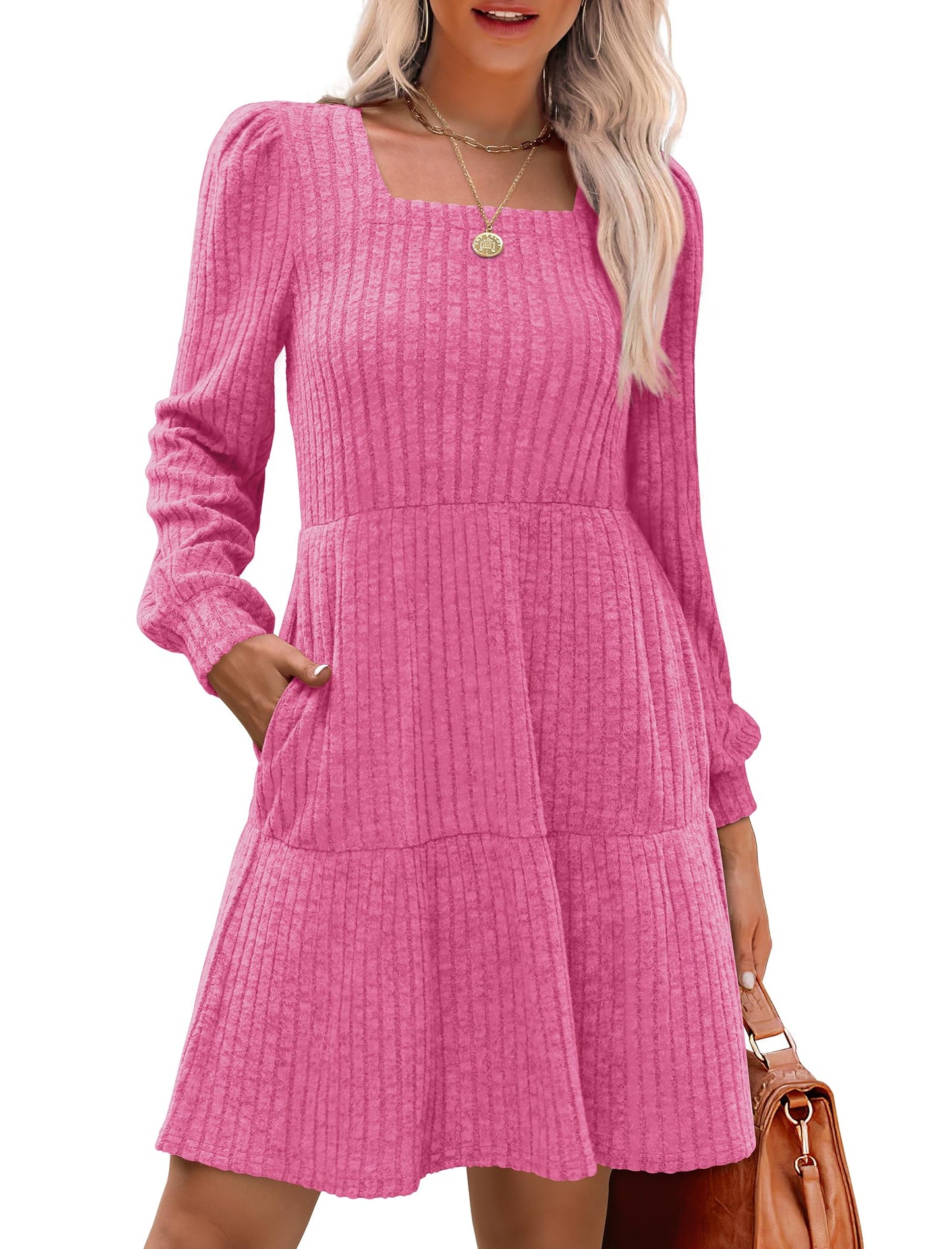๐ Women's Square Neck Lantern Sleeve Ribbed Dress|Glow in Autumnal Elegance!๐