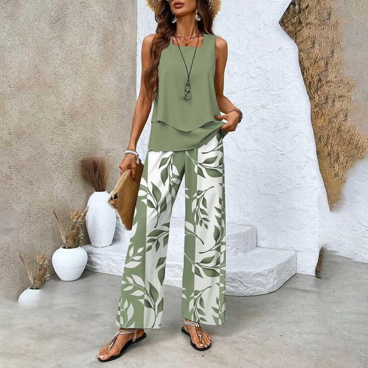 đș Womenâs Trendy Print 2-Piece Outfit â Sleeveless Top & Pants Combo!"