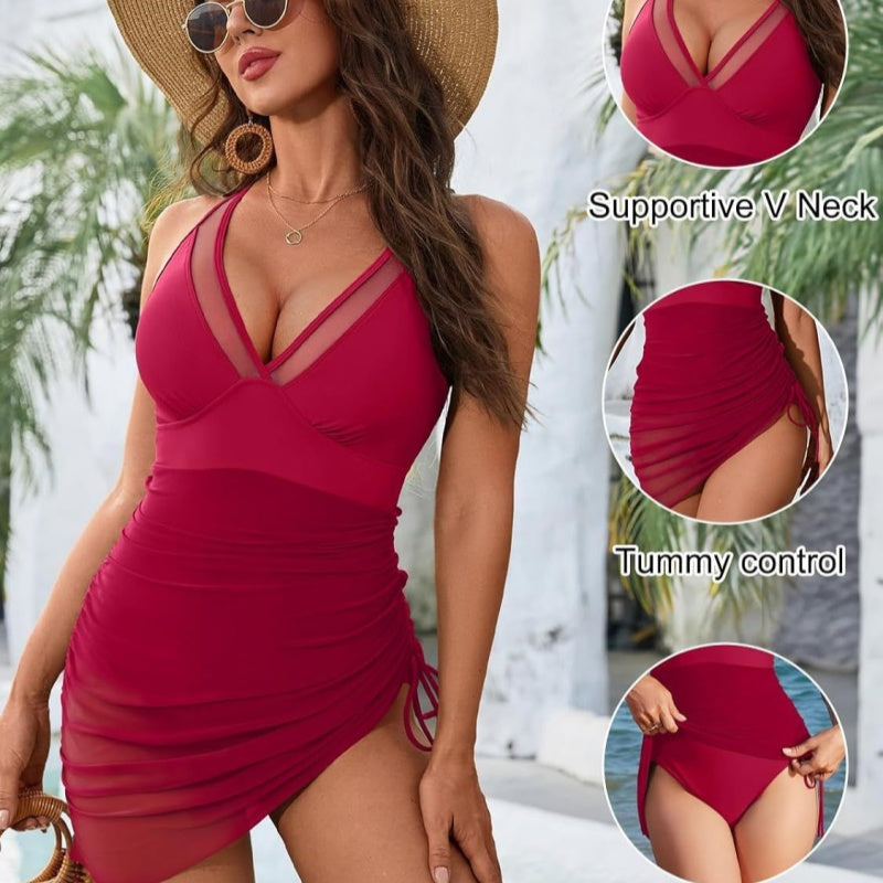 🏝️👙Slimming Mesh Sheer Sarong Wraps Tummy Control Swimsuit - Light and Graceful, Show Off Your Perfect Curves!