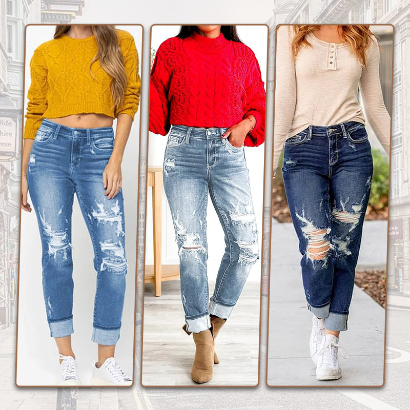 🔥Hot Sale 49% Off🔥Women's Tummy Control Distressed Cuffed Boyfriend Jeans