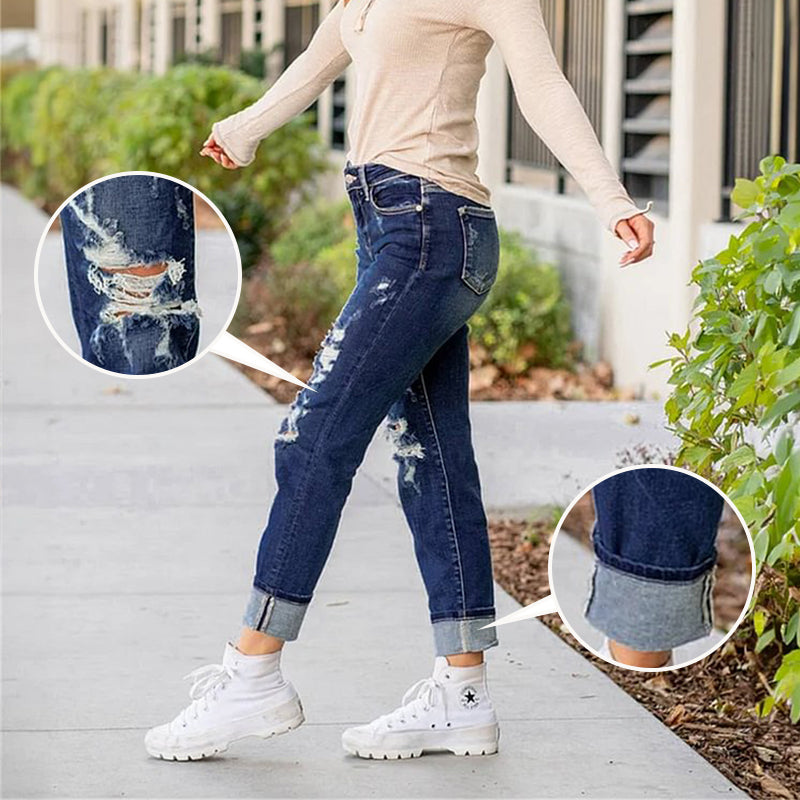🔥Hot Sale 49% Off🔥Women's Tummy Control Distressed Cuffed Boyfriend Jeans