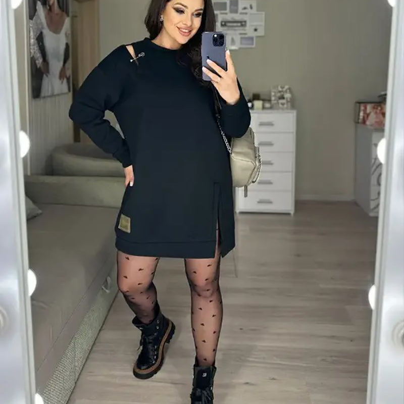 Stylish Round-Neck Side-Slit Long-Sleeve Loose Midi Dress ✨