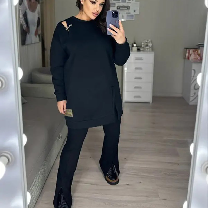 Stylish Round-Neck Side-Slit Long-Sleeve Loose Midi Dress ✨