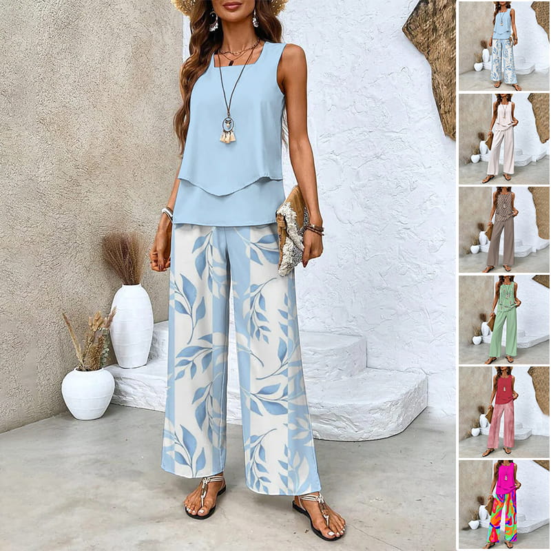 đș Womenâs Trendy Print 2-Piece Outfit â Sleeveless Top & Pants Combo!"