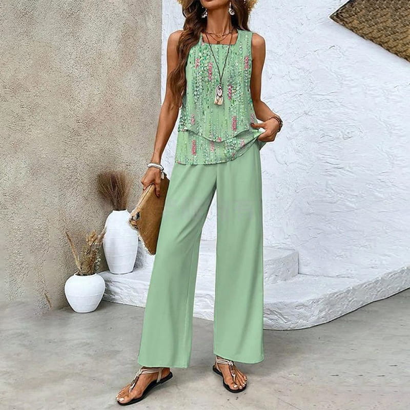 đș Womenâs Trendy Print 2-Piece Outfit â Sleeveless Top & Pants Combo!"