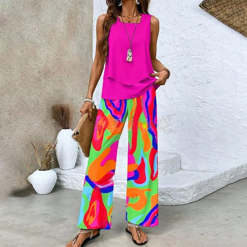 đș Womenâs Trendy Print 2-Piece Outfit â Sleeveless Top & Pants Combo!"