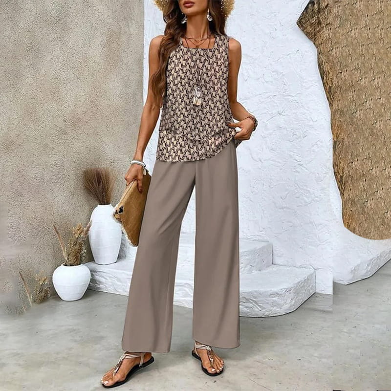 đș Womenâs Trendy Print 2-Piece Outfit â Sleeveless Top & Pants Combo!"