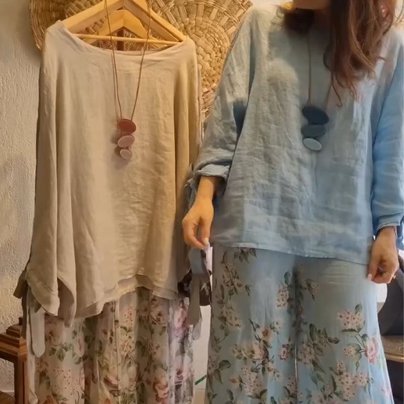 💕Women's Loose Fit Blouse & Floral Printed Wide-Leg Pants Set