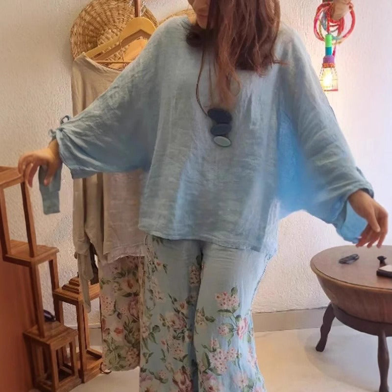 💕Women's Loose Fit Blouse & Floral Printed Wide-Leg Pants Set