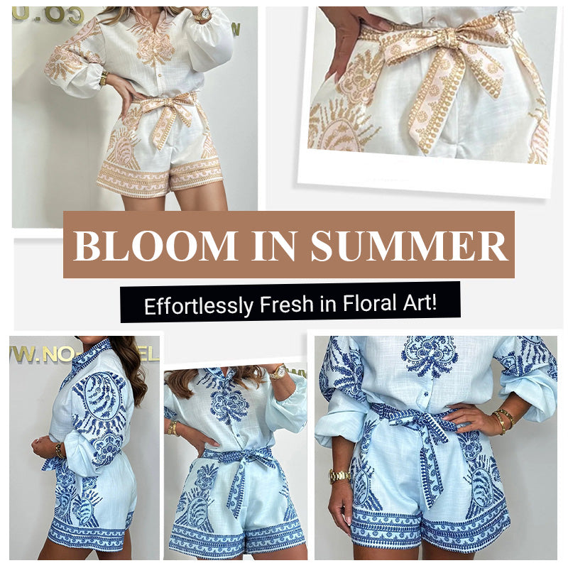 💕Patterned Tie Waist Button Up Shorts Co-ord