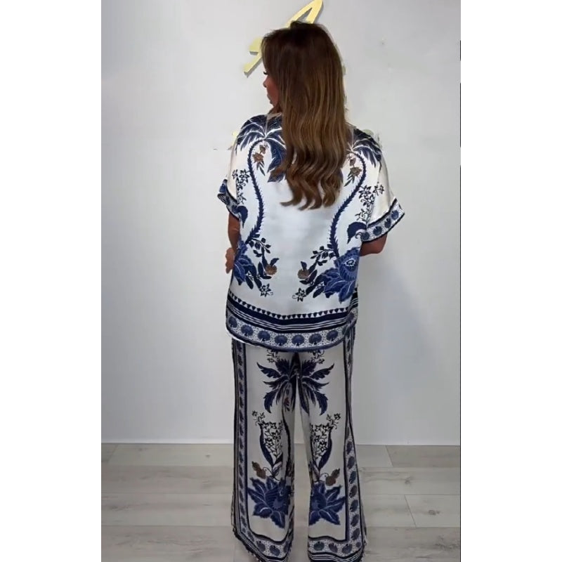 Women's Casual V-Neck Short Sleeve Top Wide Leg Pants Set
