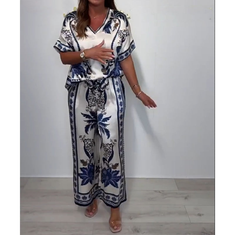 Women's Casual V-Neck Short Sleeve Top Wide Leg Pants Set