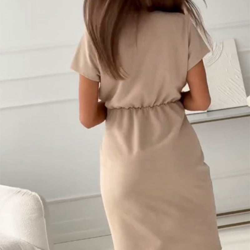 👗V-Neck Short Sleeve Short Dress with Cinched Waist