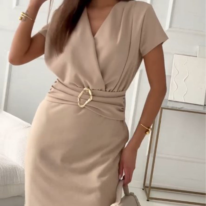 👗V-Neck Short Sleeve Short Dress with Cinched Waist