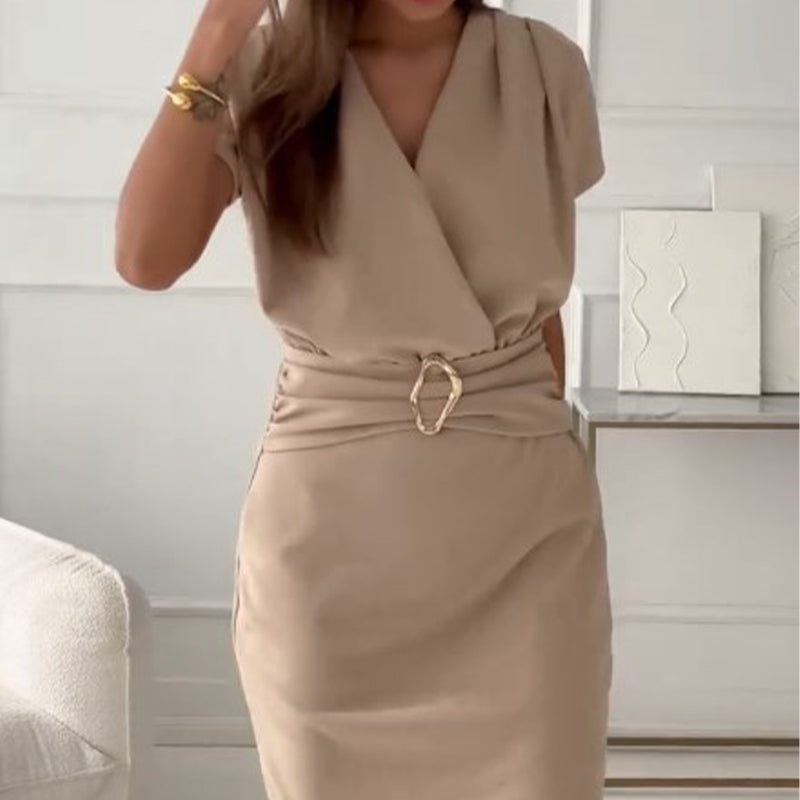 👗V-Neck Short Sleeve Short Dress with Cinched Waist