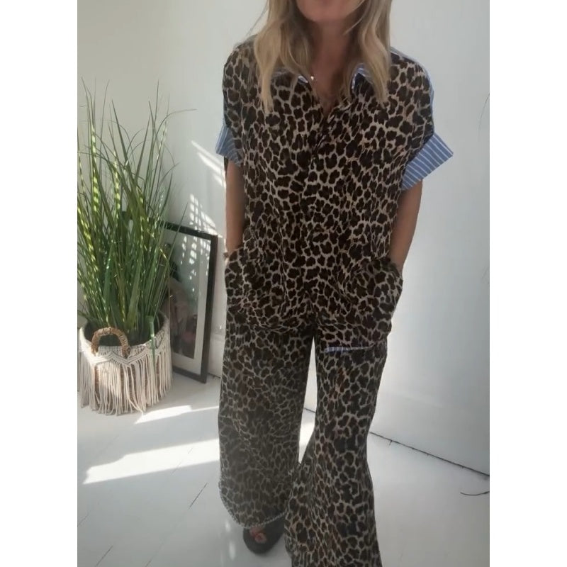 Women's Leopard Print Button-Down Shirt & Wide-Leg Pants Set