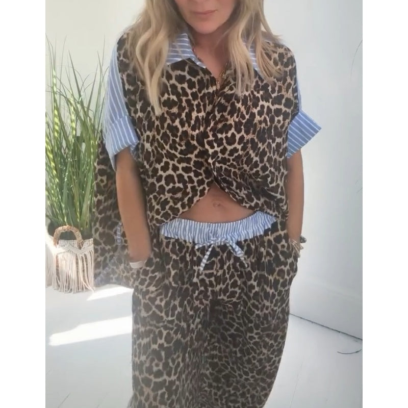 Women's Leopard Print Button-Down Shirt & Wide-Leg Pants Set
