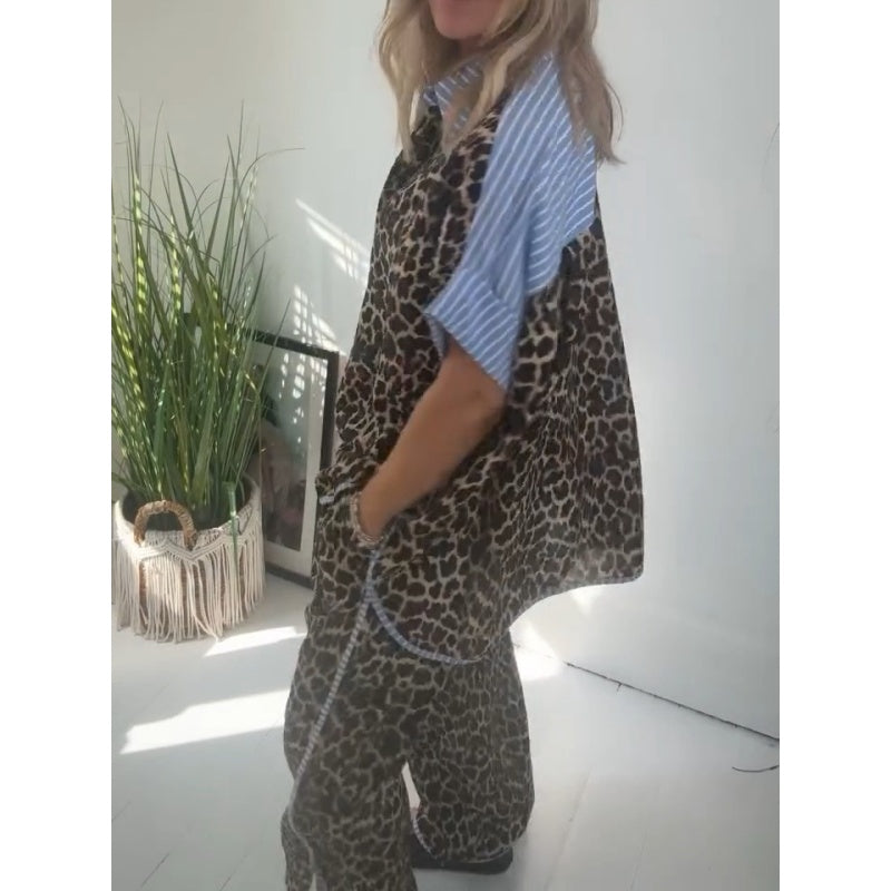 Women's Leopard Print Button-Down Shirt & Wide-Leg Pants Set