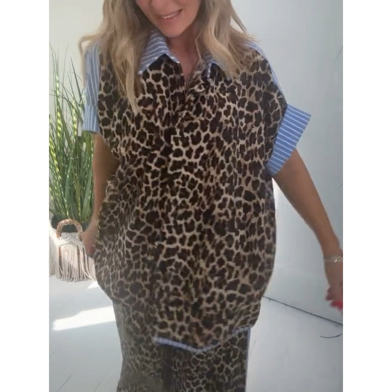 Women's Leopard Print Button-Down Shirt & Wide-Leg Pants Set