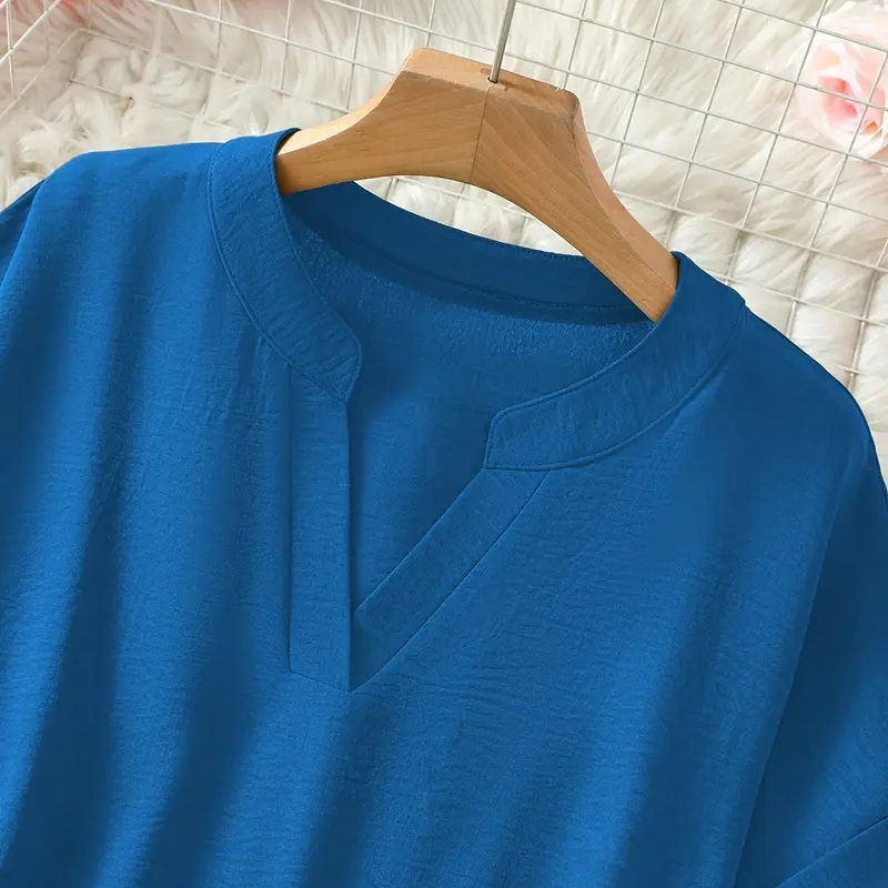 ๐ Fashion Loose Short Sleeve Top โ Notched V-Neck, Asymmetrical Hem & Lightweight Fabric (5 Colors, Sโ2XL) ๐๐ธ