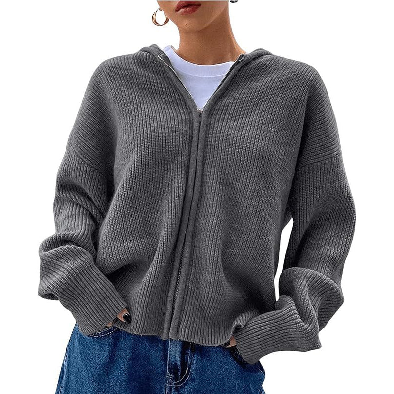 Women's Zip Up Hooded Knitted Cardigan