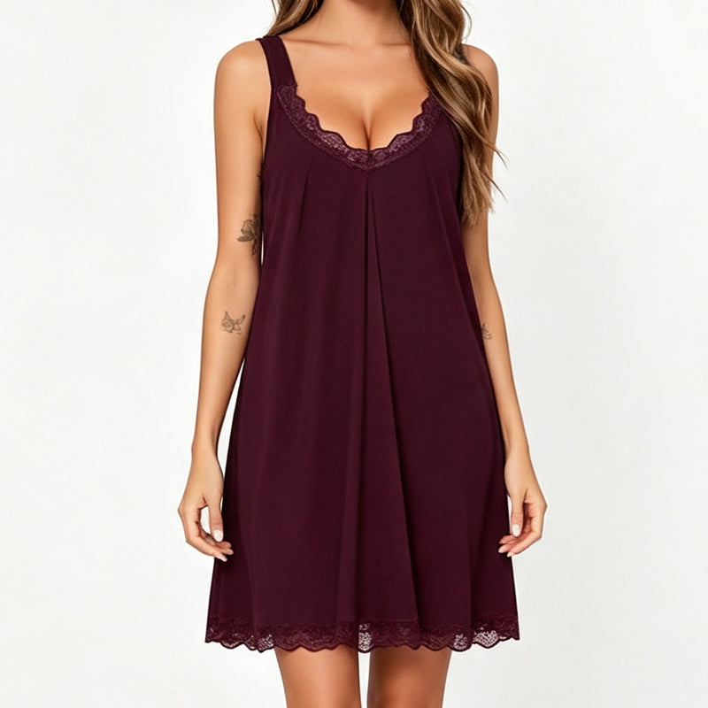 ๐๏ธ Women's Lace V-Neck Nightdress โ Soft Modal Chemise with Adjustable Spaghetti Straps