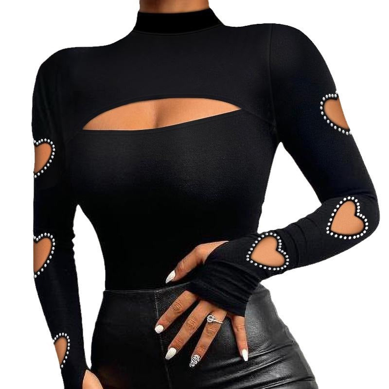๐ Heart Details That Stand Out | Women's Beaded Cutout Mock-Neck Slim-Fit Top