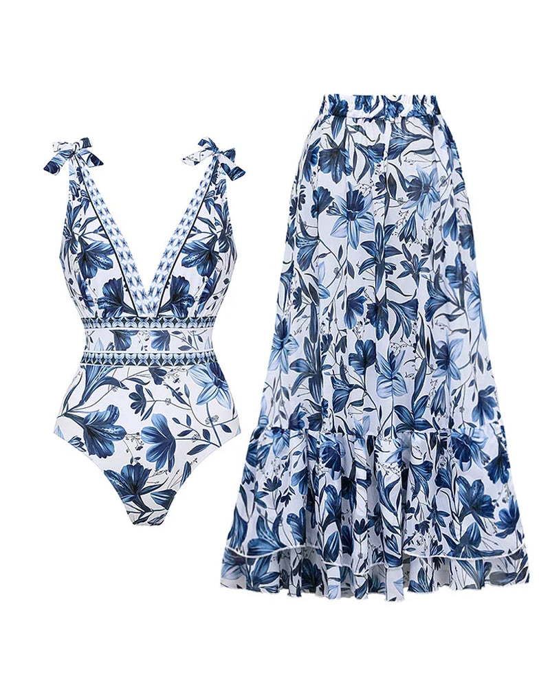 š©±V Neck Lace Up Printed One Piece Swimsuit and Skirt