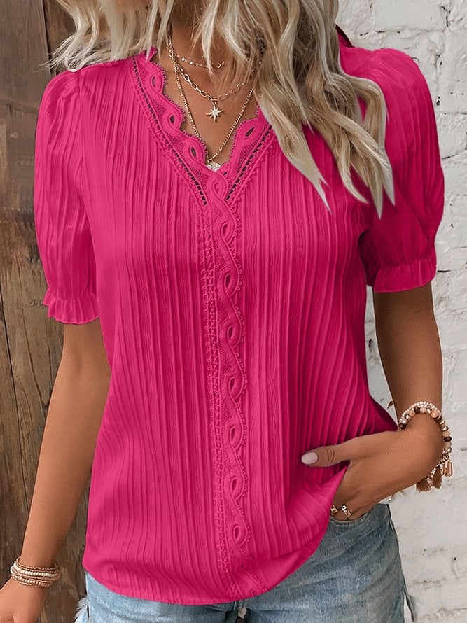 V Neck Plain Lace Elegant Shirt