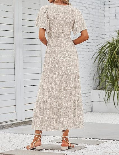 👗Women's Casual Floral Print Short Flutter Sleeve Smocked High Waist Flowy Maxi Dress