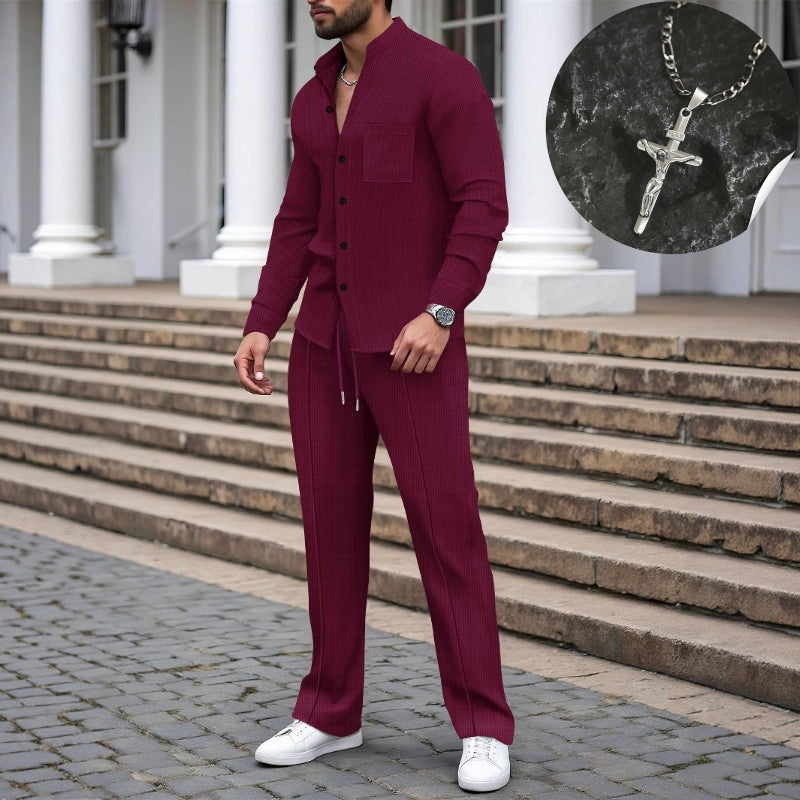 ⏳Time-Limited Special⏰Men’s Casual Waffle Shirt Pants 2-Piece Set