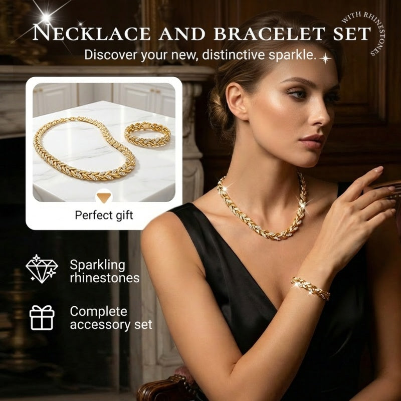 Adjustable Rhinestone Leaf Link Necklace & Bracelet Set