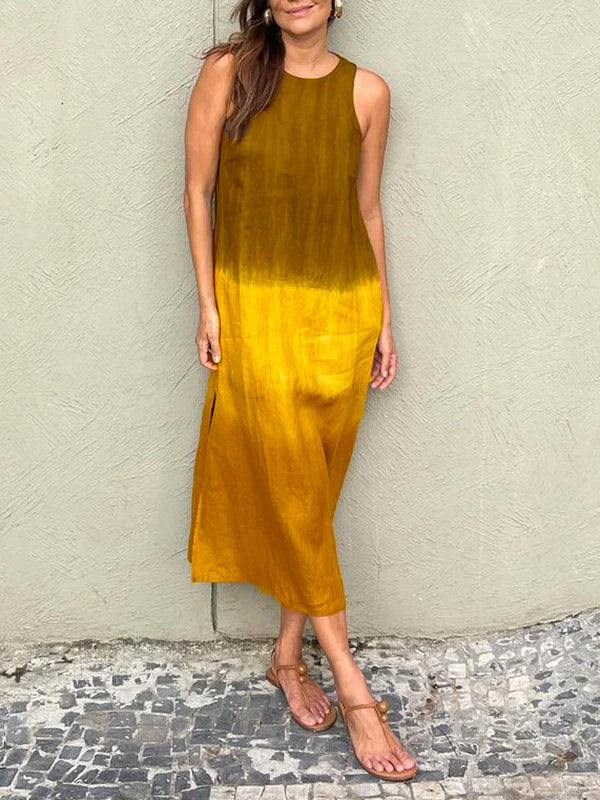 💃BIG SALE ONLY TODAY! - Women's casual cotton and linen sleeveless slit gradient tie-dye long dress