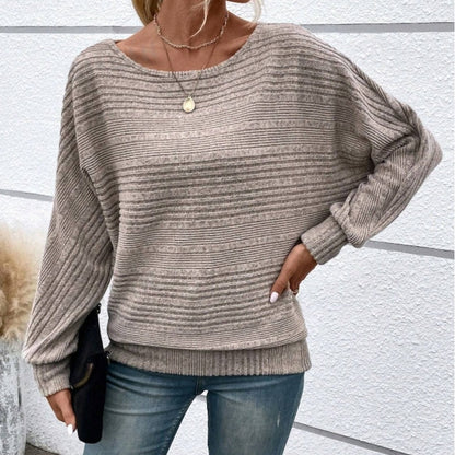 Solid Round-Neck Striped Top with Long Sleeves