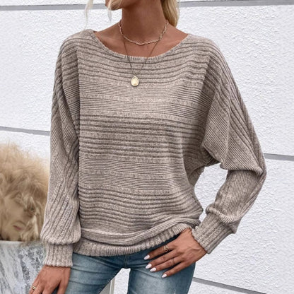 Solid Round-Neck Striped Top with Long Sleeves