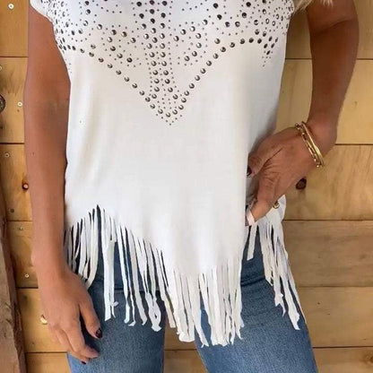 Solid Colour Short Sleeve T-shirt With Hot Print And Frayed Hem🌙