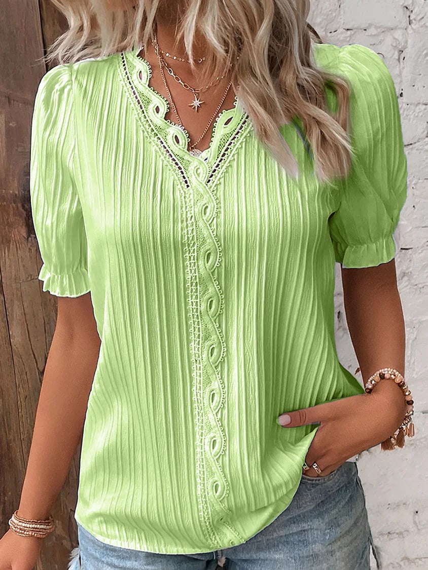 V Neck Plain Lace Elegant Shirt