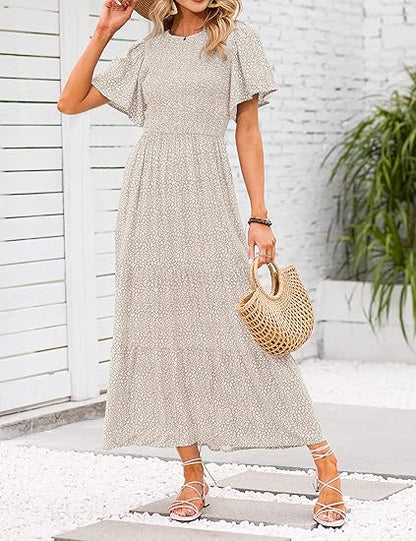 👗Women's Casual Floral Print Short Flutter Sleeve Smocked High Waist Flowy Maxi Dress