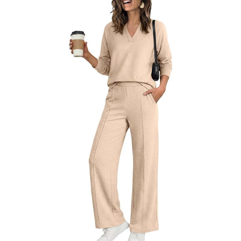 ✨Women's 2 Piece Outfits V Neck Lounge Set | Raglan Long Sleeve Top & Wide Leg Pants